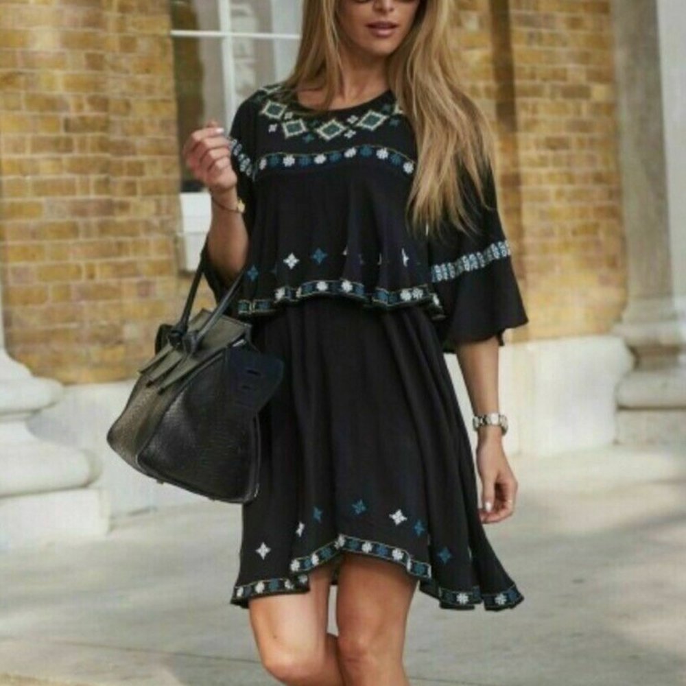 SALE ZARA NWOT Black Blue White Gold Bohemian BohoTiered Embroidery Dress S